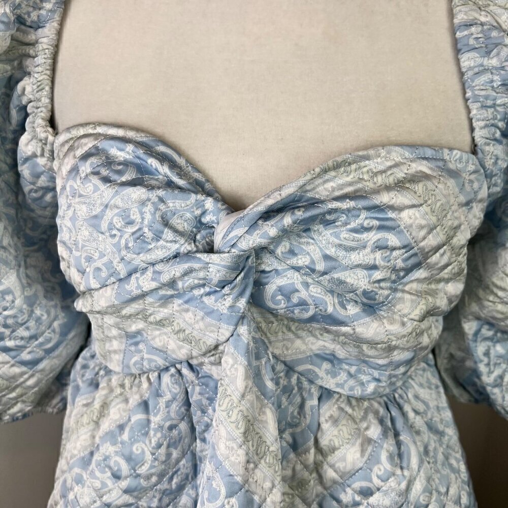 En Saison Aim to Impress Quilted Satin Puff Sleeve Mini Dress Size M Blue Print - Picture 5 of 16